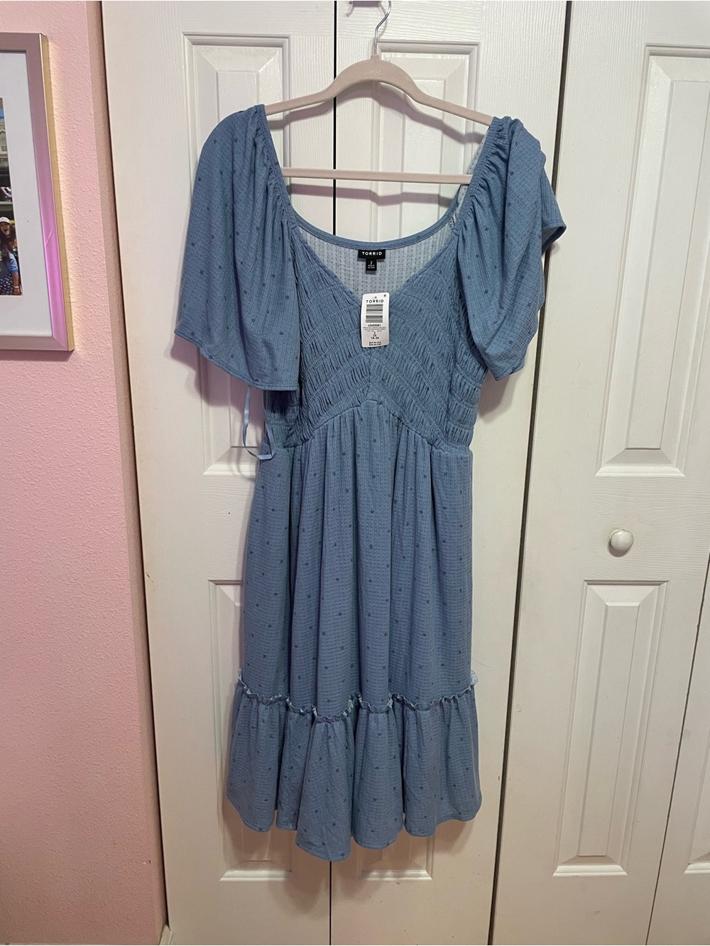 Smocked Flutter-Sleeve Dress in Dusty Blue Torrid plus size NWT